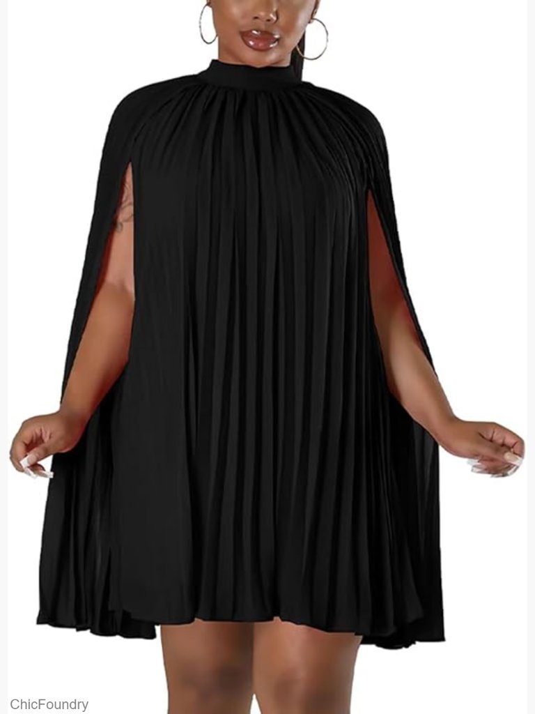 Women's Cape Sleeve Pleated Shift Dress Loose Fit Cocktail Party Flowy Mini